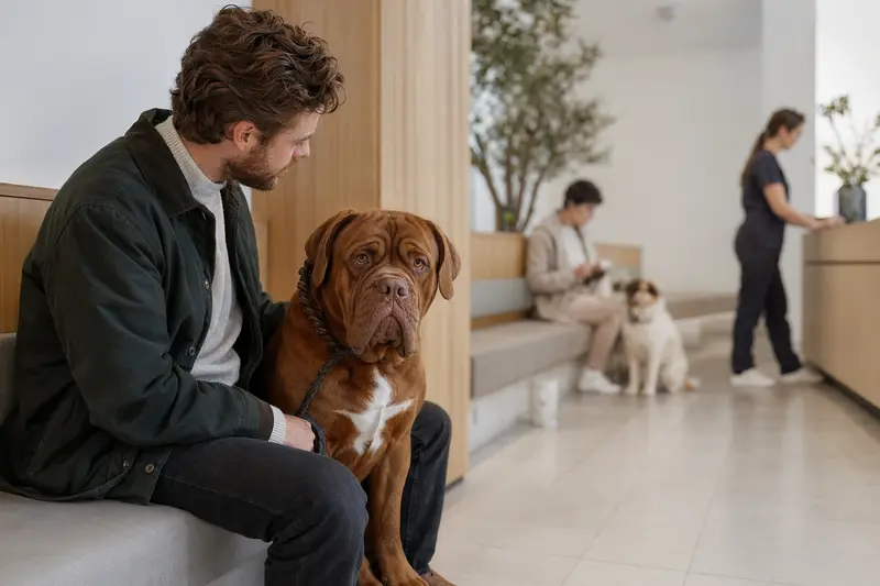 Ein Dogue de Bordeaux sitzt ruhig neben seinem Besitzer im hellen Wartezimmer einer modernen Tierarztpraxis.